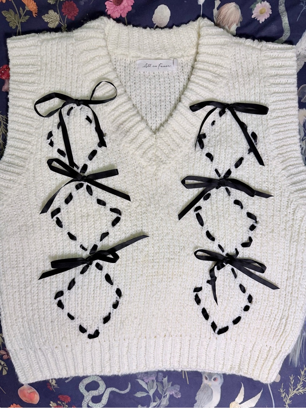 Ivory Chunky Knit Sweater Vest Black Ribbon Bow Lace Up - XS